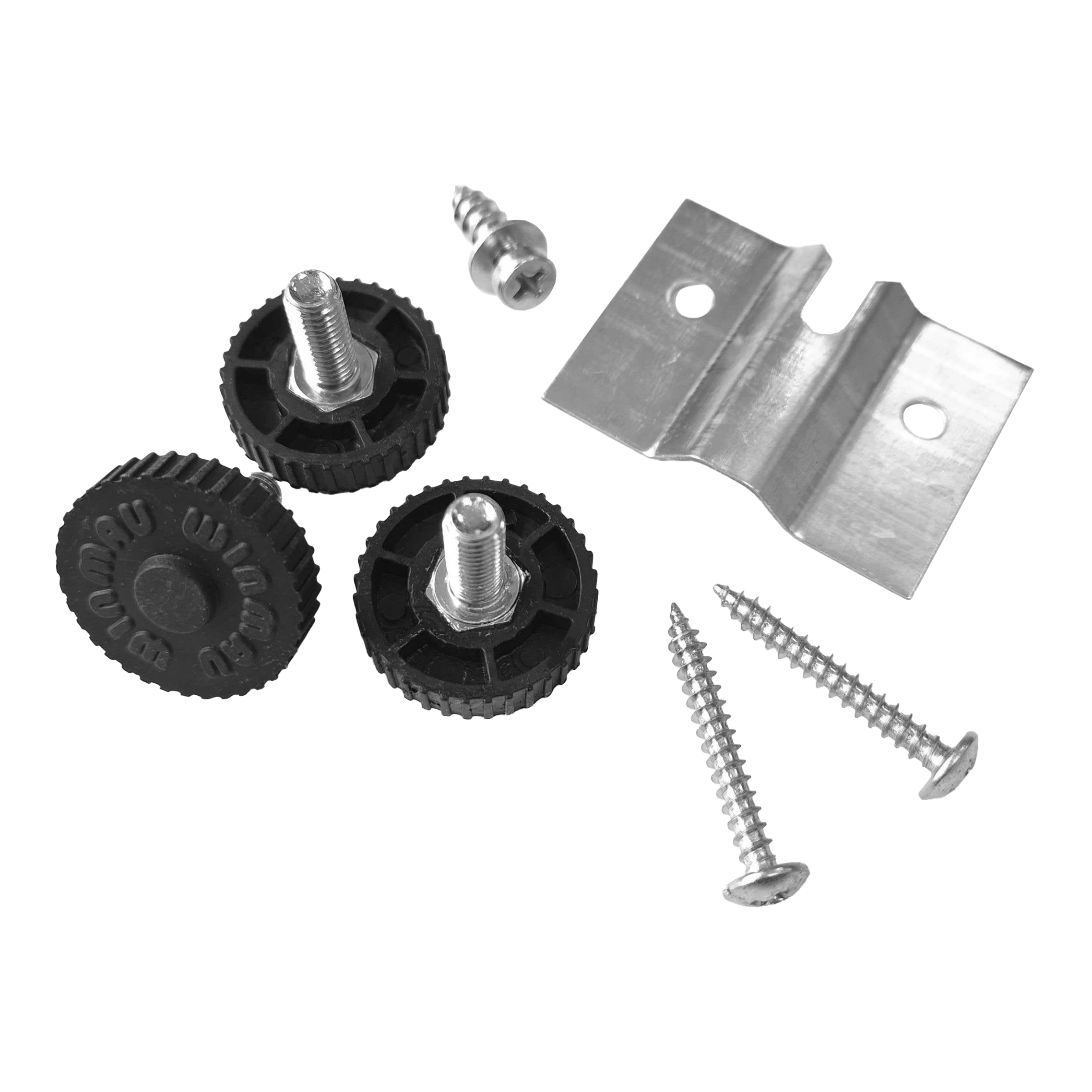 Das Bild zeigt den Winmau Rota-Lock Blade 6 Wandhalterungssatz mit Schrauben, Metallhalterung und schwarzen Befestigungsrädern. Dieses Set wird zur sicheren Wandbefestigung eines Dartboards verwendet.